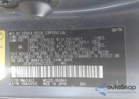 2006 Toyota Highlander Limited V6 из США, поврежденный, VIN JTEDP21A960123252